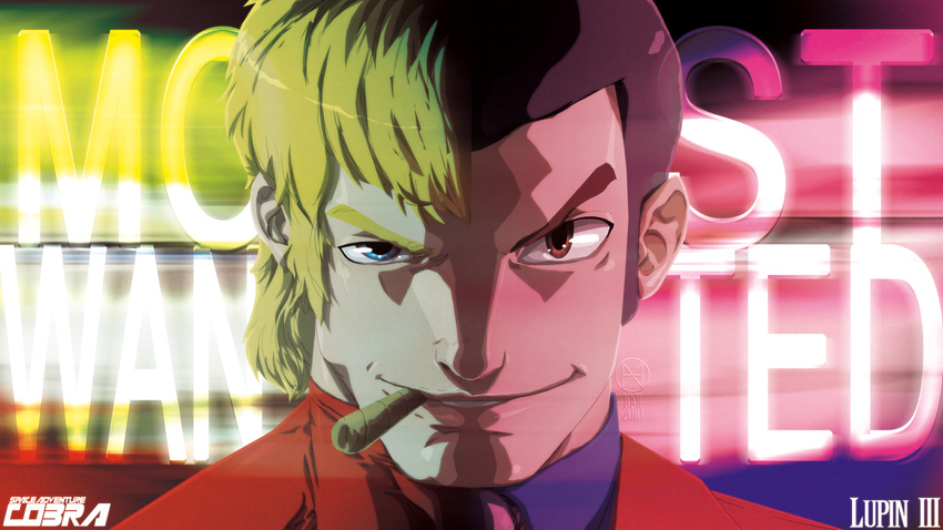 arsene_lupin_iii blonde_hair blue_eyes brown_eyes brown_hair cigar cobra crossover face/off highres jacket jeffrey_cruz lupin_iii multiple_boys parody red_jacket space_adventure_cobra trait_connection