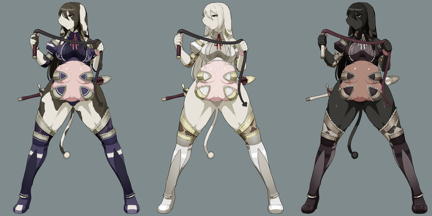 3girls absurdres armor boots cow gff highres multiple_girls qlinicx red_eyes sword tail weapon