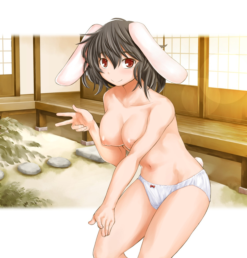 animal_ears black_hair blush breast_squeeze breasts bunny_ears cleavage duplicate inaba_tewi kasuga_yukihito large_breasts nipples no_pants older panties red_eyes short_hair solo teenage topless touhou underwear v white_panties