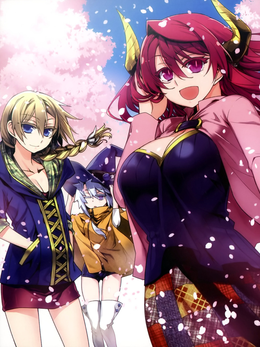 :d ;o blonde_hair blue_eyes boots braid breasts casual cherry_blossoms cleavage cloak collarbone hair_over_shoulder hands_in_pockets hat hat_tug highres hood hoodie horns ishida_akira large_breasts light_smile long_hair looking_at_viewer maou_(maoyuu) maoyuu_maou_yuusha multiple_girls one_eye_closed onna_kishi_(maoyuu) onna_mahoutsukai_(maoyuu) open_mouth petals promotional_art red_eyes red_hair scan short_hair short_shorts shorts silver_hair skirt slit_pupils smile sweater thigh_boots thighhighs white_legwear witch_hat