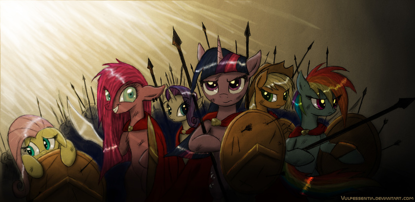 300 applejack_(mlp) arrow blonde_hair blue_eyes cape cowboy_hat equine female feral fluttershy_(mlp) friendship_is_magic green_eyes grin group hair hat horn horse looking_at_viewer mammal multi-colored_hair my_little_pony parody pink_hair pinkamena_(mlp) pinkie_pie_(mlp) polearm pony purple_eyes purple_hair rainbow_dash_(mlp) rainbow_hair rarity_(mlp) shield spear sword twilight_sparkle_(mlp) unicorn vulpessentia weapon