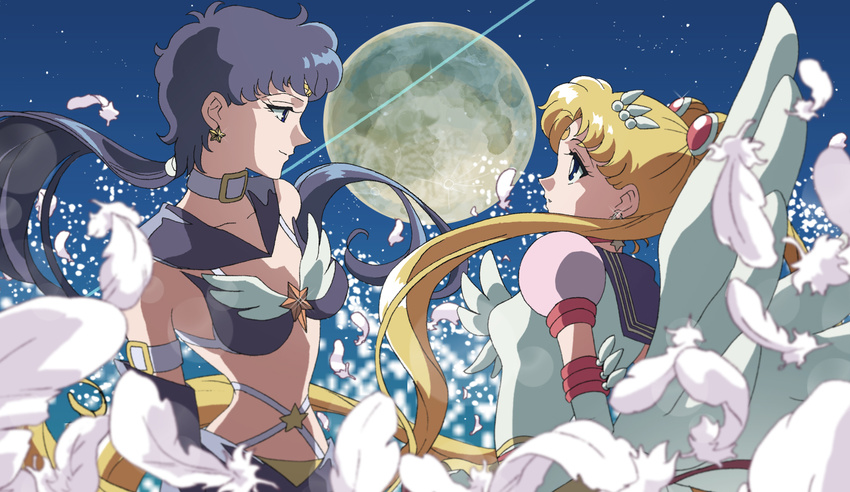 anime_coloring bishoujo_senshi_sailor_moon black_hair blonde_hair blue_sailor_collar blurry choker depth_of_field earrings eternal_sailor_moon feathers from_side full_moon hair_ornament hairclip jewelry kyakya long_hair looking_at_another moon multiple_girls official_style ponytail profile sailor_collar sailor_moon sailor_senshi_uniform sailor_star_fighter seiya_kou star tsukino_usagi twintails wings