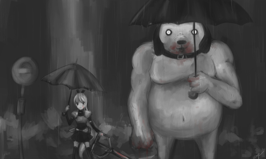 akame_ga_kill! blood bow crazy_eyes dog empty_eyes hekatonkheires looking_at_viewer merpperoni monochrome monster navel o_o parody rain road_sign scissors seryu_ubiquitous sign size_difference skirt standing thighhighs tonari_no_totoro totoro_bus_stop umbrella