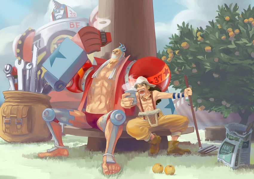 2boys abs black_hair blue_hair cup cyborg food franky fruit fruit_tree hat koga male male_focus mecha multiple_boys muscle one_piece orange sitting smile suspenders thousand_sunny tools topless usopp wrench