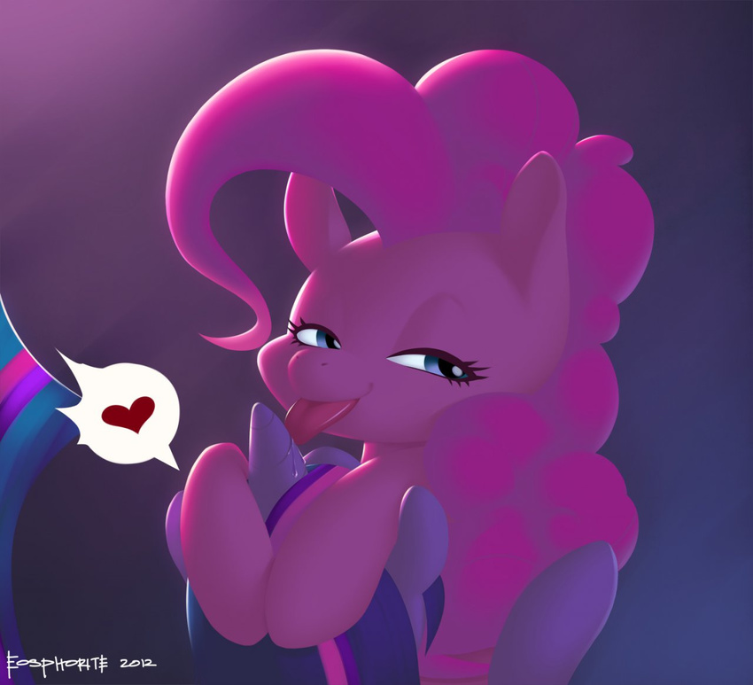 &lt;3 2012 blue_eyes detailed eosphorite equine female friendship_is_magic hair half-closed_eyes horn horn_job horse hug licking long_hair multi-colored_hair my_little_pony pink_body pink_fur pink_hair pinkie_pie_(mlp) pony purple_fur saliva simple_background tongue tongue_out twilight_sparkle_(mlp) unicorn