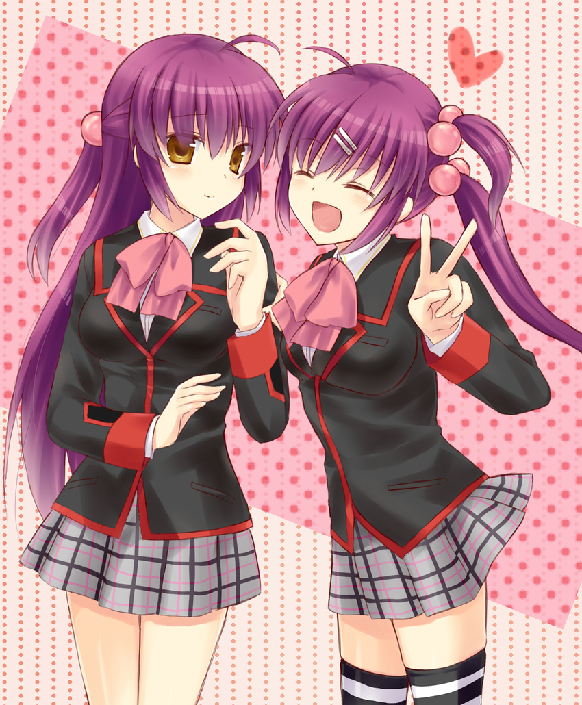 bow brown_eyes closed_eyes futaki_kanata hair_bobbles hair_ornament highres little_busters! long_hair multiple_girls natsuki_marina pink_bow plaid plaid_skirt purple_hair saigusa_haruka school_uniform side_ponytail skirt striped striped_legwear thighhighs v