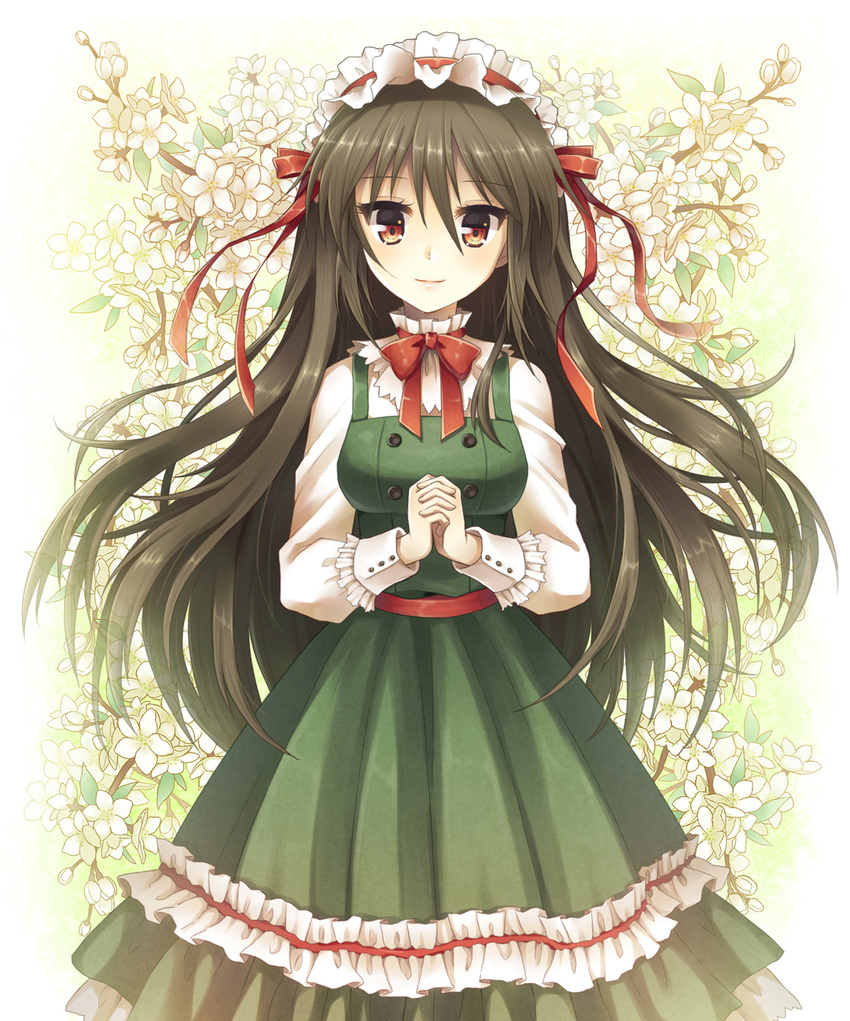bow bowtie brown_eyes brown_hair dress floral_background green_dress hairband hands_clasped highres lolita_hairband long_hair looking_at_viewer mauve original own_hands_together pinafore_dress smile solo