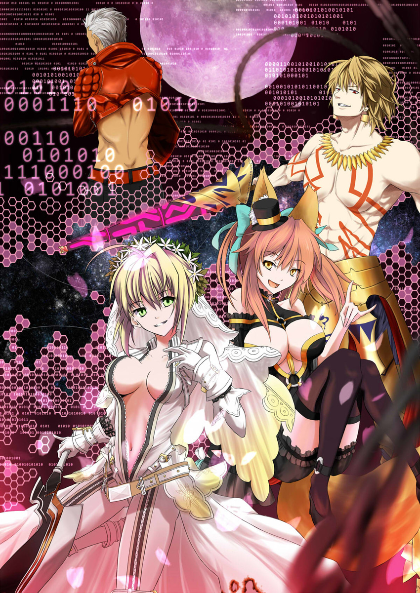 2girls archer binary bloody_moon breasts center_opening cleavage ea_(fate/stay_night) fate/extra fate/extra_ccc fate_(series) full_moon gilgamesh highres jacket medium_breasts moon multiple_boys multiple_girls nero_claudius_(bride)_(fate) nero_claudius_(fate)_(all) petals red_jacket shirtless tamamo_(fate)_(all) tamamo_no_mae_(fate)