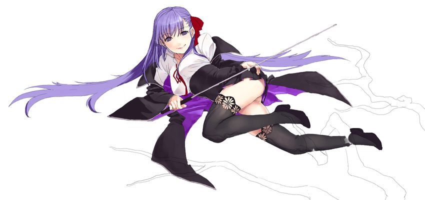 ass bb_(fate)_(all) bb_(fate/extra_ccc) black_legwear breasts fate/extra fate/extra_ccc fate_(series) hair_ribbon highres kirisato_itsuki lace lace-trimmed_thighhighs large_breasts long_hair lying on_side purple_eyes purple_hair ribbon riding_crop solo thighhighs underwear very_long_hair
