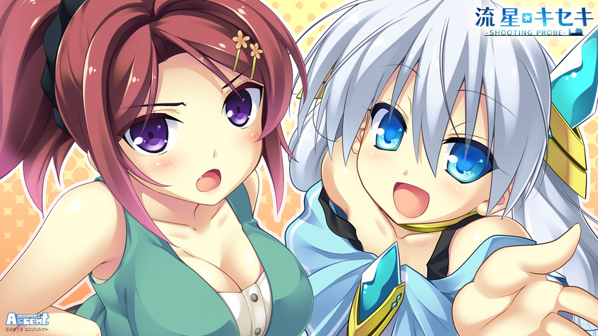 2girls blue_eyes blush breasts cleavage duo fangs female hair_ornament hairclip highres large_breasts long_hair mouri_sakura multiple_girls open_mouth osa outstretched_hand ozawa_akifumi purple_eyes red_hair ryuusei?kiseki ryuusei_kiseki shirt shoulder_strap sleeveless sleeveless_shirt strap_slip twink unisonshift wallpaper