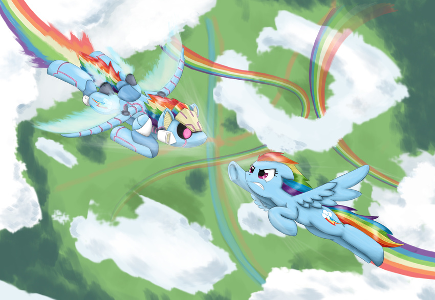 abstract_background cloud clouds cutie_mark duo equine female feral flying friendship_is_magic hair horse machine mammal mechanical multi-colored_hair my_little_pony otakuap pegasus pony purple_eyes rainbow_dash_(mlp) rainbow_hair robot sky square_crossover wings
