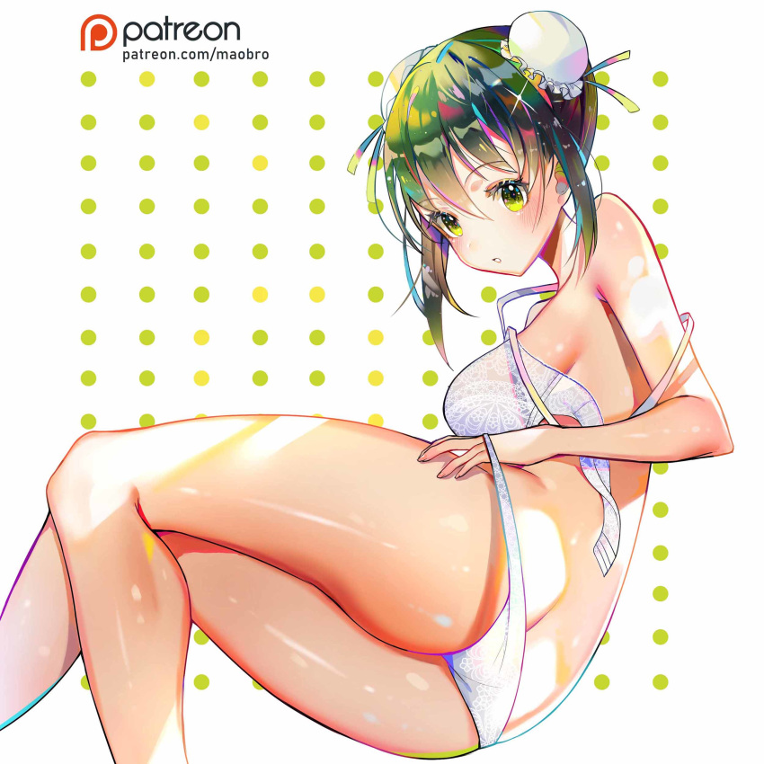 1girl absurdres artist_name ass bangs bare_arms bare_shoulders black_hair bra breasts bun_cover butt_crack commentary_request double_bun eyebrows_visible_through_hair fate/grand_order fate_(series) green_eyes highres legs looking_at_viewer lying mao_ge medium_breasts on_side panties panty_pull parted_lips patreon_logo patreon_username qin_liangyu_(fate) shiny shiny_skin sidelocks simple_background skindentation solo thighs underwear underwear_only white_bra white_panties