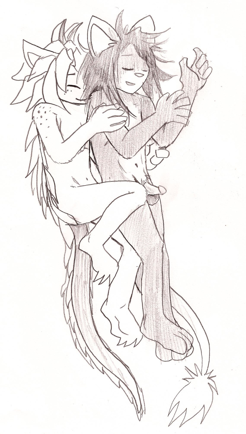 cuddling eyes_closed gay hair long_hair male nude pangolin penis pubes raiettei_(artist) scalie sketch unknown_species