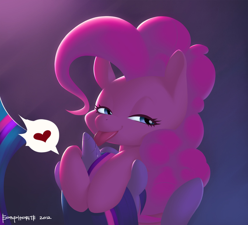 &lt;3 blue_eyes duo eosphorite equine female feral friendship_is_magic fur hair horn horn_job hornjob horse licking long_hair mammal multi-colored_hair my_little_pony pink_fur pink_hair pinkie_pie_(mlp) pony purple_fur saliva simple_background tongue tongue_out twilight_sparkle_(mlp) unicorn