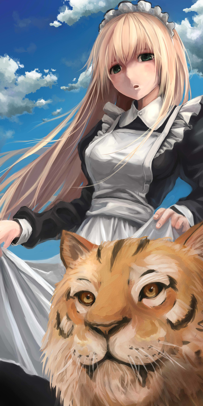 absurdres apron bad_id bad_pixiv_id blonde_hair cloud day dress ex green_eyes highres long_hair maid maid_headdress original skirt_hold sky solo tiger