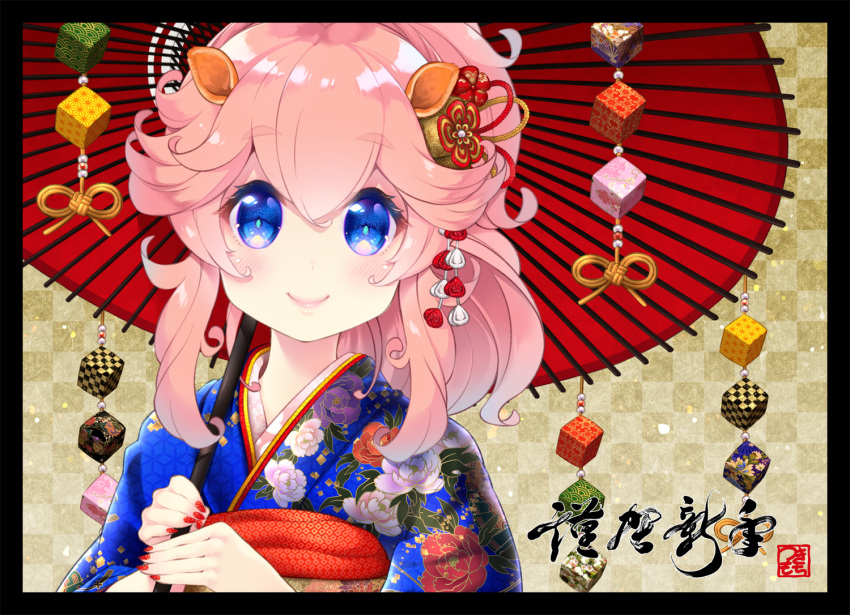 1girl animal_ears bangs black_border blue_eyes blue_kimono blush border checkered checkered_background chinese_zodiac closed_mouth commentary_request eyebrows_visible_through_hair fingernails flower hair_between_eyes hands_up holding holding_umbrella japanese_clothes kimono long_hair looking_at_viewer nail_polish nengajou new_year oriental_umbrella original pig_ears pink_hair print_kimono red_nails red_umbrella smile solo thick_eyebrows tsukimochikuriko_(tsukimochi_k) umbrella year_of_the_pig