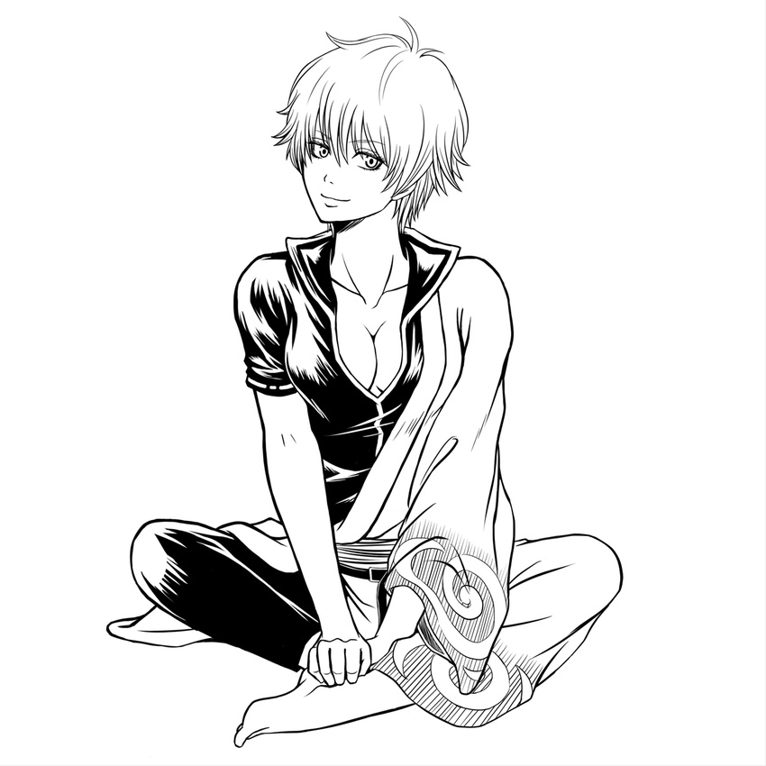 genderswap genderswap_(mtf) gintama greyscale hadanugi_dousa highres japanese_clothes kimono long_sleeves looking_at_viewer matsuwo monochrome sakata_ginko sakata_gintoki short_hair short_sleeves solo