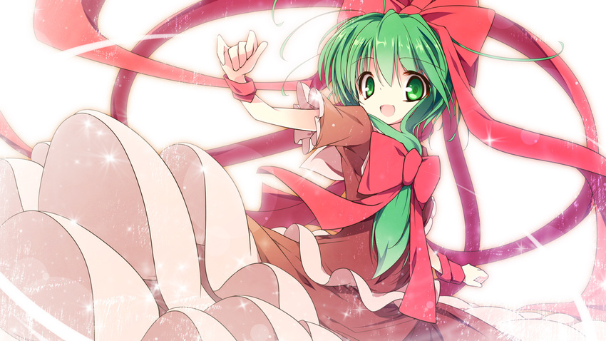 bad_id bad_pixiv_id bow dress frilled_dress frills front_ponytail green_eyes green_hair hair_bow hair_ribbon itsutsuki kagiyama_hina long_hair looking_at_viewer open_mouth red_dress ribbon short_sleeves smile solo sparkle touhou wrist_ribbon