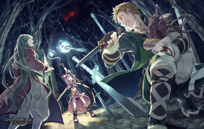 2girls blonde_hair clenched_teeth dagger dress food forest green_hair long_hair minami_seira monster multiple_girls nature open_mouth pixiv_fantasia pixiv_fantasia_new_world red_eyes short_hair smile staff sword teeth weapon