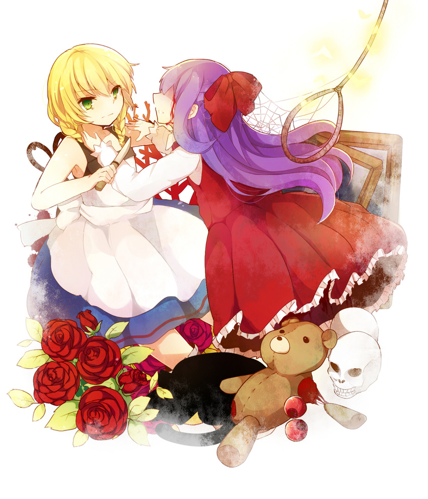 black_cat blonde_hair blood braid cat dress ellen_(majo_no_ie) green_eyes highres knife majo_no_ie multiple_girls noose picture_frame purple_hair shimotsuki_eri silk skull spider_web stuffed_animal stuffed_toy teddy_bear twin_braids viola_(majo_no_ie)