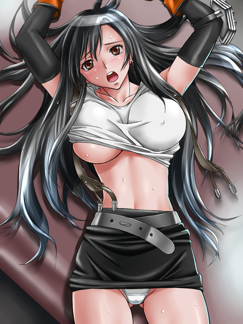 :o arms_up black_hair blush breasts brown_background brown_eyes covered_nipples final_fantasy final_fantasy_vii highres large_breasts long_hair looking_at_viewer midriff miniskirt no_bra panties pantyshot pencil_skirt shirt skirt solo surprised suuitchi sweat taut_clothes taut_shirt thigh_gap tifa_lockhart underboob underwear upskirt white_panties