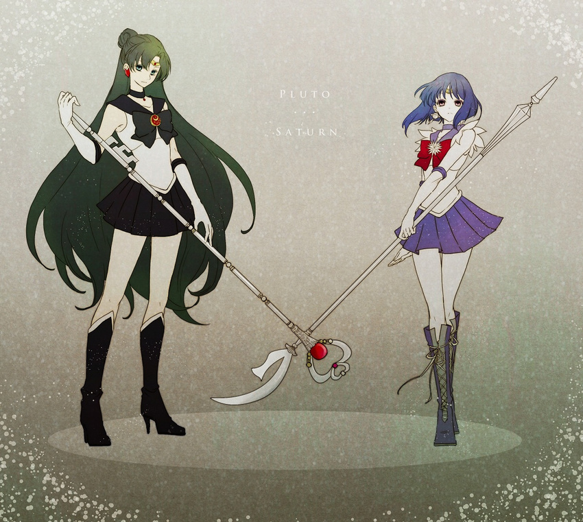 bishoujo_senshi_sailor_moon black_bow black_choker boots bow character_name choker cross-laced_footwear crystal earrings elbow_gloves full_body garnet_rod glaive gloves green_hair grey_background hair_bun holding holding_spear holding_staff holding_weapon jewelry knee_boots long_hair maru_(memoriatechnica) meiou_setsuna multiple_girls outer_senshi pleated_skirt polearm purple_footwear purple_hair purple_sailor_collar purple_skirt red_bow sailor_collar sailor_pluto sailor_saturn sailor_senshi sailor_senshi_uniform short_hair silence_glaive skirt sleeveless spear staff tomoe_hotaru weapon white_gloves