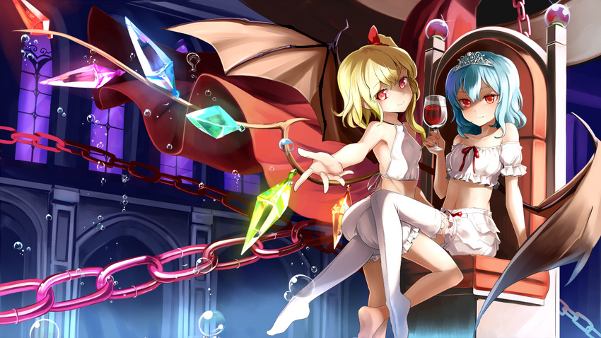 alcohol alternate_costume ass bat_wings blonde_hair bloomers blue_hair blush chain crown cup drinking_glass emerane fangs flandre_scarlet hair_ribbon lavender_hair multiple_girls navel outstretched_arm outstretched_hand red_eyes remilia_scarlet ribbon short_hair side_ponytail sitting smile thighhighs throne tiara touhou underwear white_bloomers white_legwear window wine wine_glass wings