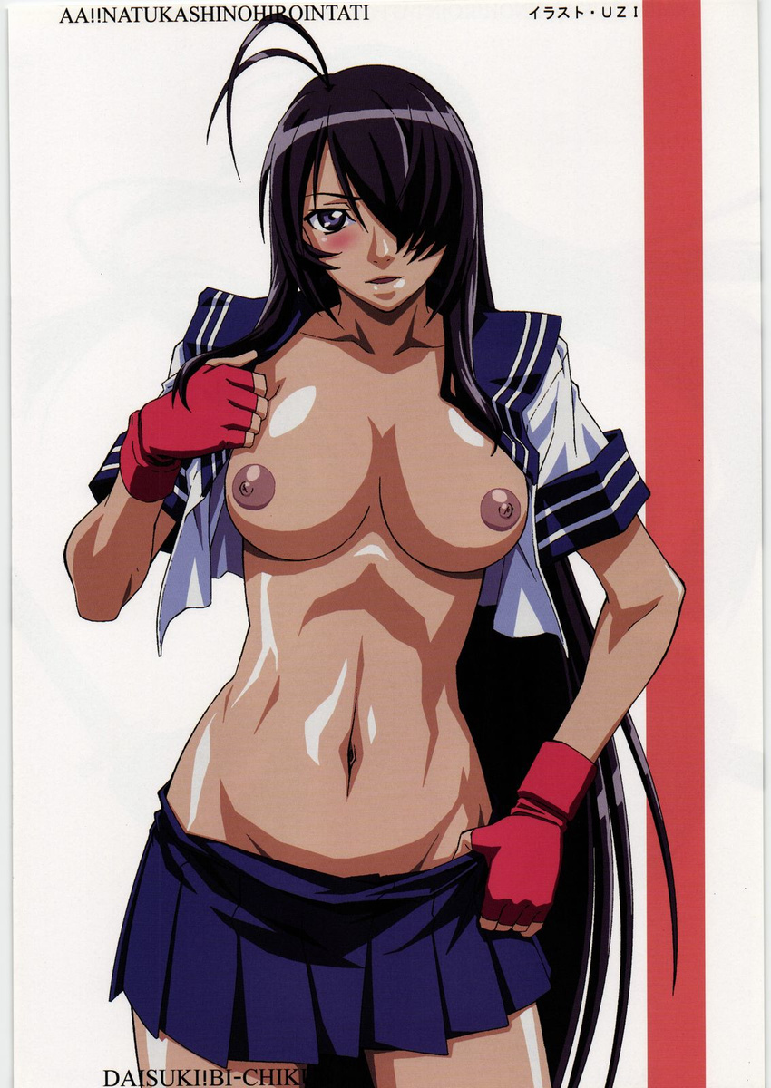 1girl antenna_hair areolae black_eyes blush breasts fingerless_gloves gloves gun hair_over_one_eye highres ikkitousen imi_uzi kan'u_unchou kan'u_unchou large_breasts legs long_hair looking_at_viewer navel nipples no_bra open_clothes open_mouth purple_hair school_uniform simple_background skirt solo standing thighs very_long_hair weapon