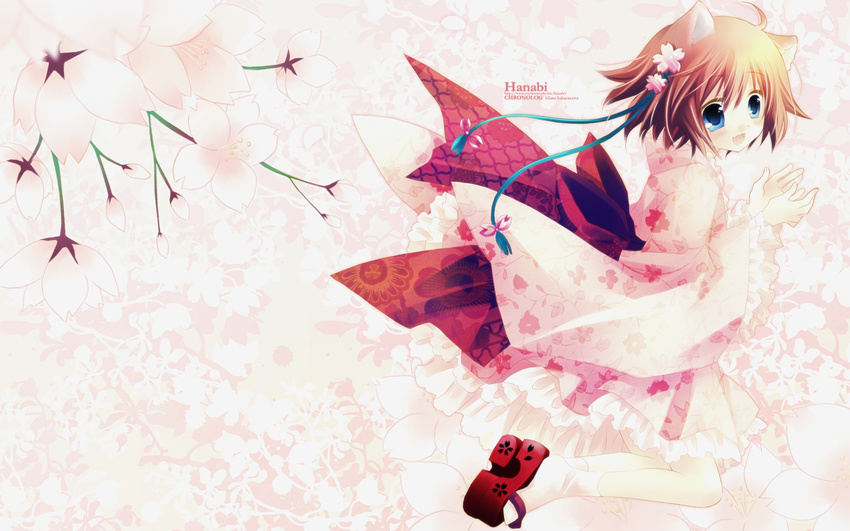 :d animal_ears blue_eyes blush cat_ears copyright_request fang floral_print from_side highres japanese_clothes kimono looking_at_viewer looking_to_the_side open_mouth pink sakurazawa_izumi sash smile socks solo tareme wallpaper