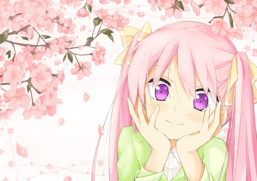 blush flower hands_on_own_face kitsune_(scaz) long_hair looking_at_viewer original petals pink_hair purple_eyes smile solo