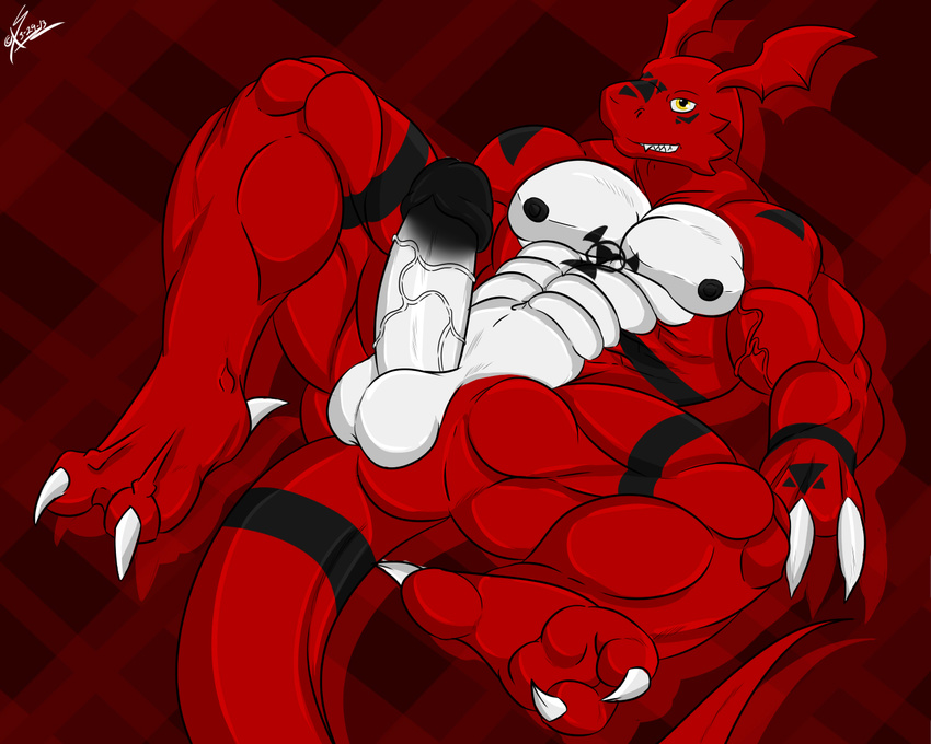 abs anthro balls biceps big big_muscles big_penis black_skin body_markings butt claws digimon erection fangs flexing gay grin guilmon hot humanoid_penis looking_at_viewer lying male markings muscles nipples nude on_back pecs penis pose presenting red_skin saixyuniz-xynz scales scalie sheath slit smile solo spread_legs spreading tattoo teeth thick_penis toe_claws toned vein yellow_eyes