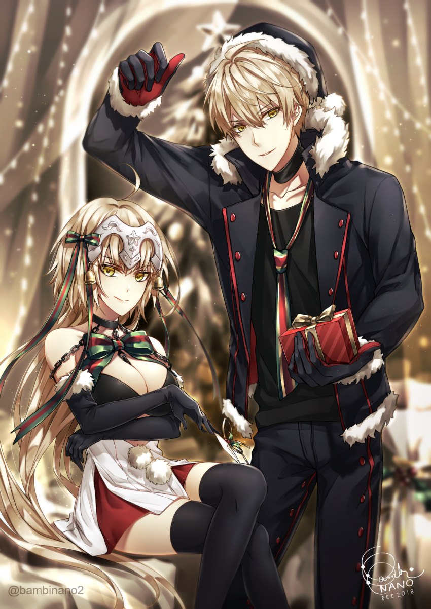 1boy 1girl arthur_pendragon_(fate) artist_name artoria_pendragon_(all) bambi_nano bell black_bikini_top black_gloves black_hat black_jacket black_legwear black_pants black_shirt bow breasts chains choker christmas_tree cleavage collarbone commentary cosplay dated elbow_gloves english_commentary fate/grand_order fate_(series) fur-trimmed_gloves fur_trim gloves green_bow hat highres holding_envelope jacket jeanne_d'arc_(alter)_(fate) jeanne_d'arc_(fate)_(all) jeanne_d'arc_alter_santa_lily jeanne_d'arc_alter_santa_lily_(cosplay) large_breasts legs_crossed long_hair loose_necktie miniskirt necktie pants red_bow sack santa_alter santa_alter_(cosplay) santa_hat shirt signature silver_hair sitting skirt star thighhighs twitter_username two-tone_bow two-tone_gloves two-tone_neckwear very_long_hair yellow_eyes
