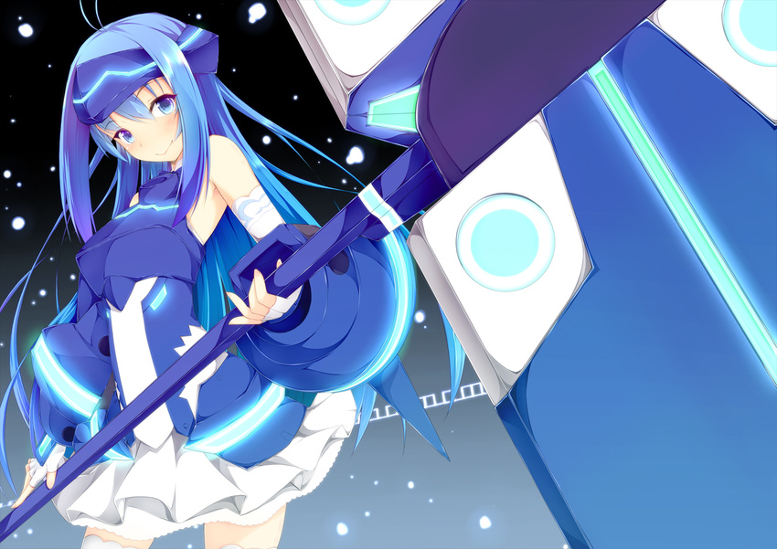 armor blue_eyes blue_hair breastplate fingerless_gloves gauntlets gloves greaves hammer headgear jougen long_hair solo thighhighs vividblue vividred_operation