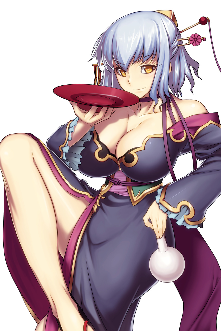 absurdres bare_shoulders breasts cleavage corset cup gengan hair_ornament hair_stick highres holding japanese_clothes jonylaser koihime_musou large_breasts leg_up purple_hair sakazuki sandals short_hair simple_background smile solo white_background yellow_eyes