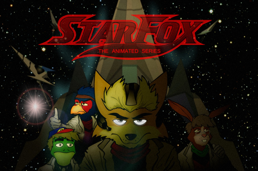 anthro avian bandanna canine falco_lombardi fox fox_mccloud fredryk_phox frog group lapine looking_at_viewer mammal nintendo peppy_hare slippy_toad star_fox star_fox_the_animated_series video_games