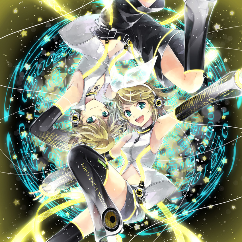 1girl aqua_eyes arm_warmers armpits bad_id bad_pixiv_id blonde_hair brother_and_sister detached_sleeves hair_ornament hair_ribbon hairclip hana_(mew) headphones kagamine_len kagamine_len_(append) kagamine_rin kagamine_rin_(append) leg_warmers navel open_mouth outstretched_arms ribbon short_hair shorts siblings smile spread_arms thighhighs twins vocaloid vocaloid_append