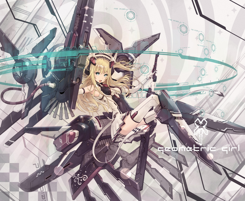 absurdres armpits bare_shoulders blonde_hair blue_eyes elbow_gloves futsuka_(dzone) gloves headgear highres holographic_interface katana long_hair mecha_musume open_mouth original sheath solo sword tail thighhighs two_side_up unsheathing weapon white_gloves white_legwear
