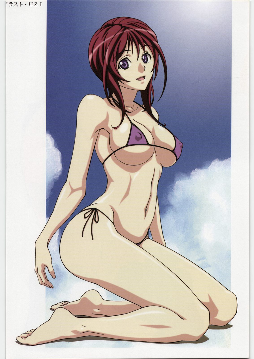 bikini breasts covered_nipples error highres kneeling large_breasts micro_bikini midriff navel non-web_source oribe_mafuyu purple_eyes red_hair scan seikon_no_qwaser short_hair side-tie_bikini solo swimsuit uzi_(artist) wrong_feet