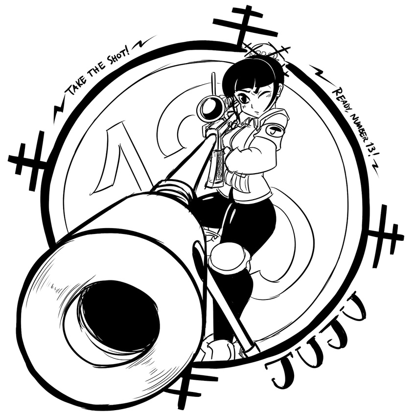 1girl aiming armband bad_idea bun_cover character_name english foreshortening gun hair_bun highres jacket juju_(skullgirls) knee_pads monochrome one_eye_closed reticule rifle skullgirls sniper_rifle solo weapon wink