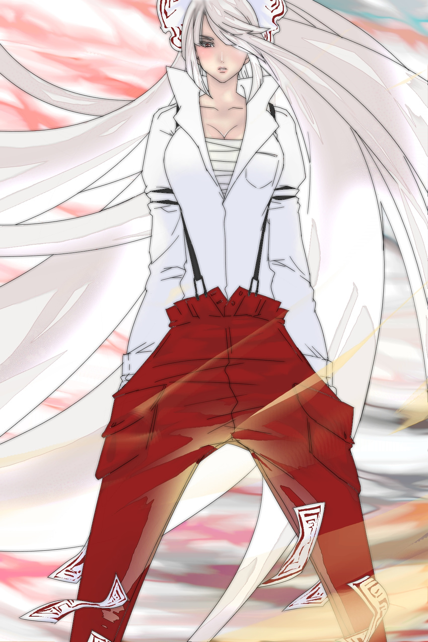 bad_id bad_pixiv_id bow breasts cleavage fujiwara_no_mokou hair_bow hair_over_one_eye hands_in_pockets highres large_breasts long_hair pants poruhi red_eyes sarashi silver_hair solo suspenders touhou very_long_hair white_hair