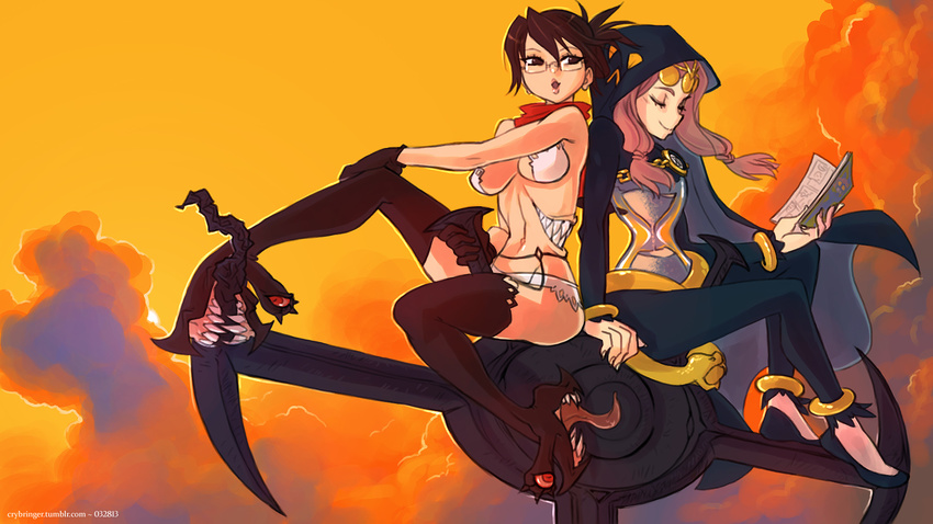 aeon_(skullgirls) anklet back-to-back bangle black_gloves black_hair black_legwear book boots bracelet breasts closed_eyes extra_mouth flats folded_ponytail glasses gloves goddess high_heels highres hood hourglass jason_robinson jewelry long_hair medium_breasts multiple_girls navel open_book pink_hair scarf shoes siblings side_ponytail sisters sitting sitting_on_object skullgirls sky sunset thigh_boots thighhighs tiara twintails venus_(skullgirls) wallpaper