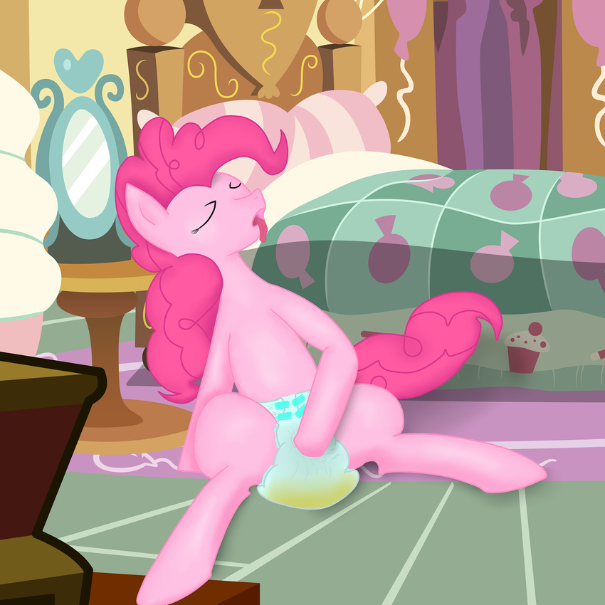 bed diaper equine eyes_closed female feral friendship_is_magic fur hair horse inside mammal masturbation mirror my_little_pony peeing pillow pink_fur pink_hair pinkie_pie_(mlp) pony sitting solo thestargrazer tongue tongue_out urine watersports
