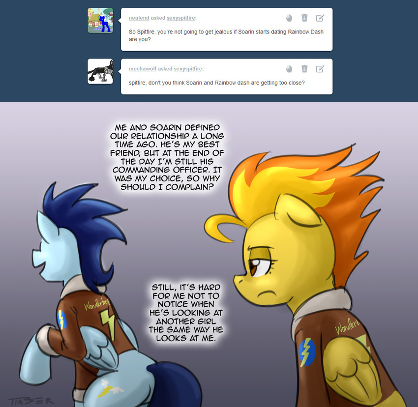 blue_hair english_text equine female feral friendship_is_magic frown hair horse jacket male mammal my_little_pony pegasus pluckyninja pony soarin_(mlp) spitfire_(mlp) text two_tone_hair wings wonderbolts_(mlp)