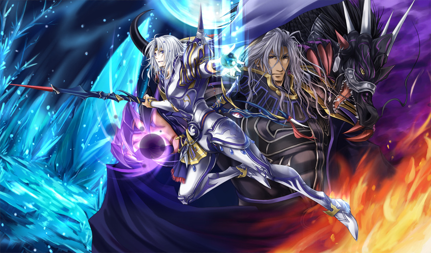 armor black_armor blue_eyes boots brothers cecil_harvey dissidia_final_fantasy dragon final_fantasy final_fantasy_iv gloves golbeza grey_eyes ice magic male_focus miyano_(homura-mk) multiple_boys pauldrons polearm shadow_dragon siblings spear spikes weapon white_hair