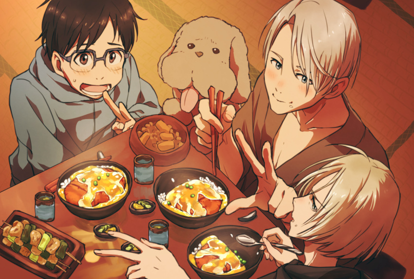 3boys animal black_hair blue-framed_eyewear blue_eyes blue_jacket blush bowl brown_eyes chopsticks dog dog_food embarrassed eyebrows_visible_through_hair fingernails food food_on_face from_above glasses grey_hair holding holding_spoon hood hood_down hooded_jacket indoors jacket katsudon_(food) katsuki_yuuri looking_at_viewer makkachin male_focus multiple_boys open_mouth profile rice rice_on_face shaded_face short_hair spoon steam sweatdrop table upper_teeth v viktor_nikiforov yuri!!!_on_ice yuri_plisetsky