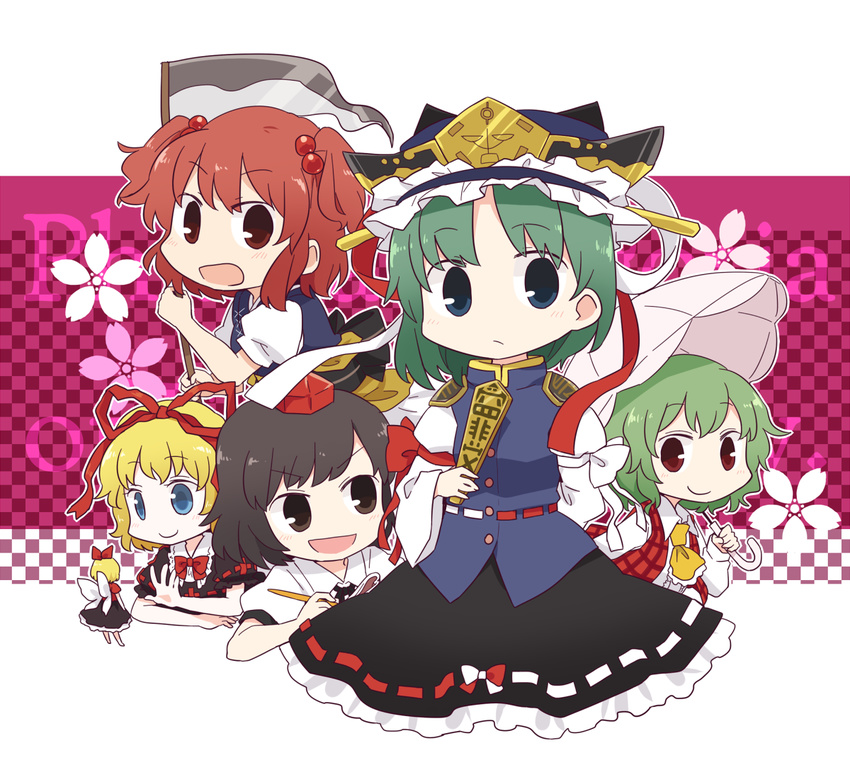 arm_behind_back ascot black_hair blue_eyes brown_eyes checkered checkered_floor dress_shirt green_hair hair_bobbles hair_ornament hair_ribbon hat kazami_yuuka medicine_melancholy multiple_girls notebook onozuka_komachi open_mouth phantasmagoria_of_flower_view red_eyes red_hair ribbon rod_of_remorse scythe shameimaru_aya shiki_eiki shirt short_hair skirt smile su-san tokin_hat touhou two_side_up umbrella vest wings yamabuki_(yusuraume)