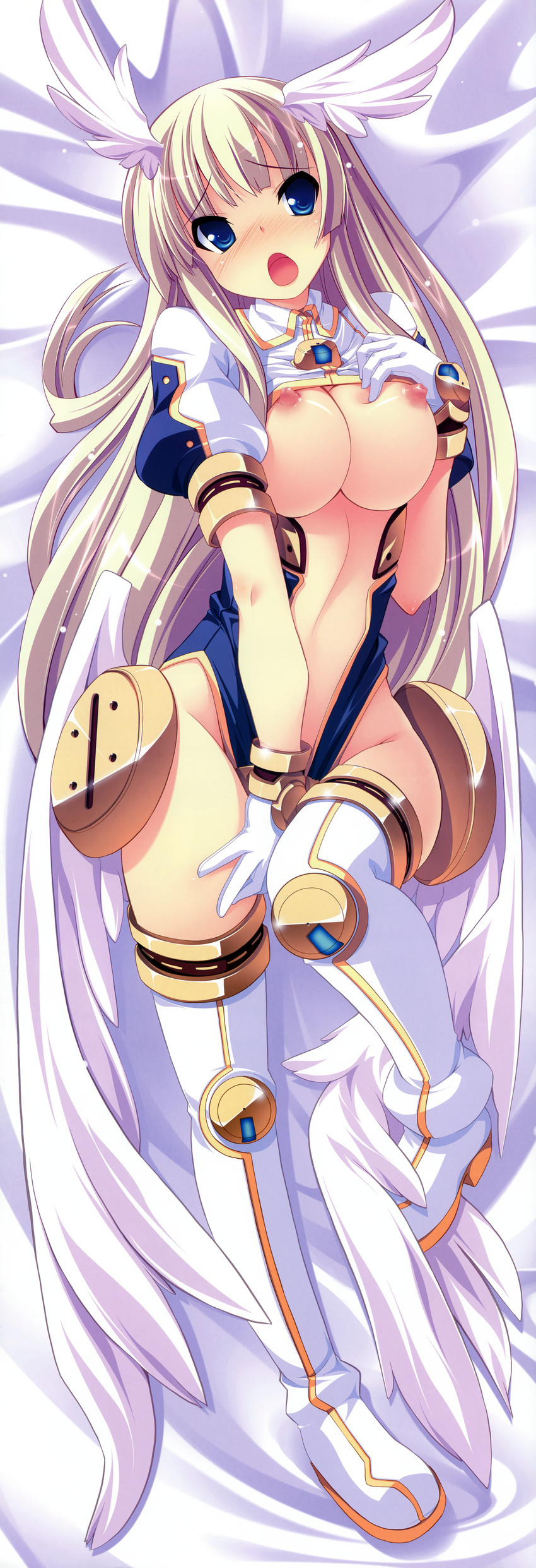 1girl absurdres bed_sheet between_thighs blonde_hair blue_eyes blush boots breasts center_opening dakimakura fixed hair_ornament head_wings highleg highres incredibly_absurdres large_breasts leotard long_hair long_image lying nipples odette_diz_ortlinde on_back open_mouth shirt_lift skyfish solo soukyuu_no_soleil tall_image thighhighs tsurugi_hagane underboob very_long_hair wings