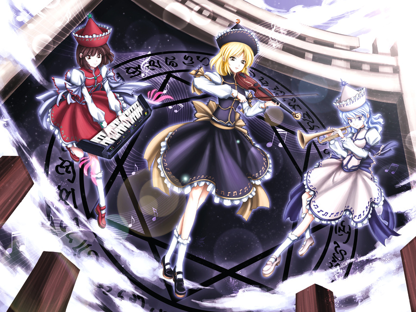 blonde_hair blue_eyes bow_(instrument) brown_eyes brown_hair building floating hat instrument juliet_sleeves keyboard_(instrument) long_sleeves lunasa_prismriver lyrica_prismriver magic_circle merlin_prismriver multiple_girls musical_note puffy_sleeves shirt silver_hair skirt skirt_set skyspace touhou trumpet violin