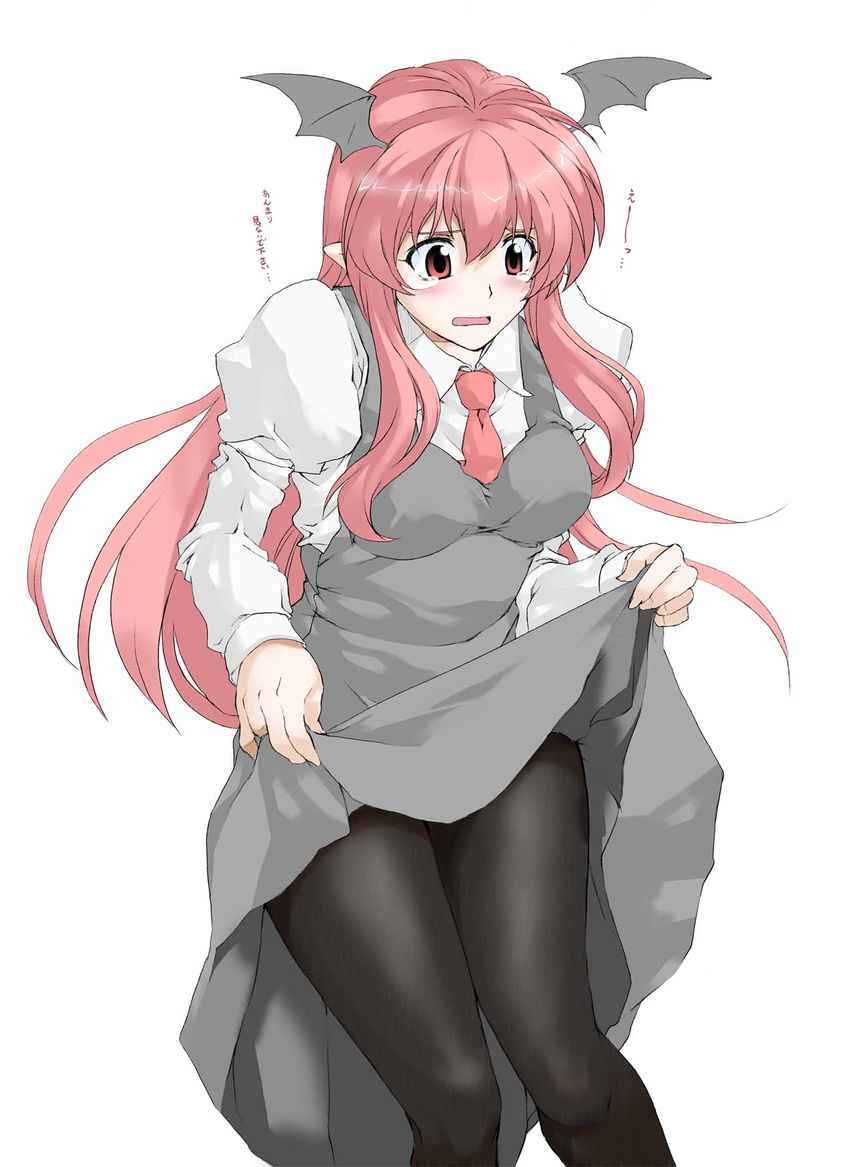 bat_wings black_legwear blush breasts dress_shirt elf_(stroll_in_the_woods) embarrassed head_wings highres jpeg_artifacts juliet_sleeves koakuma long_hair long_sleeves medium_breasts necktie open_mouth pantyhose pointy_ears puffy_sleeves red_eyes red_hair red_neckwear shirt simple_background skirt skirt_lift skirt_set solo tears touhou translated very_long_hair vest white_background white_shirt wings