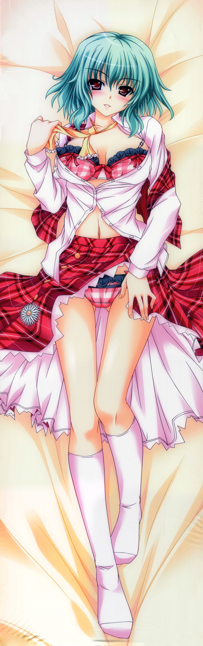 absurdres aoi_hiro blush bra breasts cleavage dakimakura frilled_bra frilled_panties frills full_body green_hair highres huge_filesize kazami_yuuka large_breasts legs lying open_clothes open_shirt panties plaid plaid_bra plaid_panties red_eyes shirt skirt skirt_lift solo touhou underwear undressing